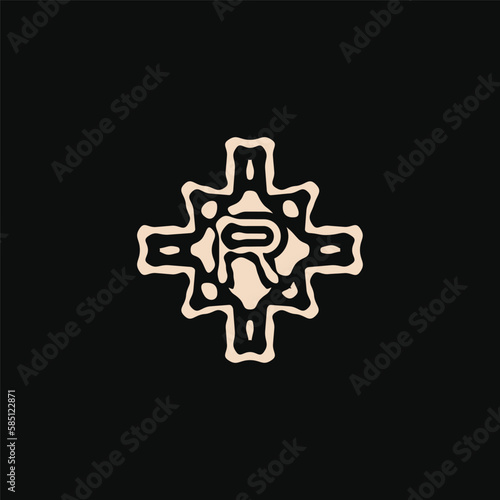 Initial letter R logo. unique tribe ethnic ornament ancient emblem