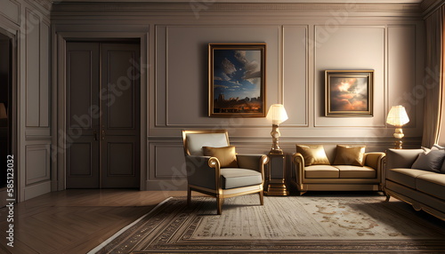 Living room interior of furnished apartment cozy couch sofa wooden flooring Generative AI