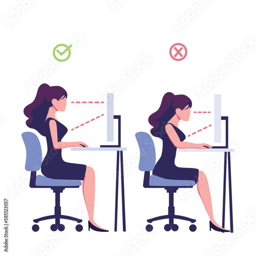 Correct good position vs bad incorrect posture for sitting at computer desk flat style illustration