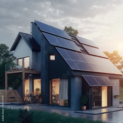 Constructed homes with solar panels on the roof.Generative AI © Smart AI