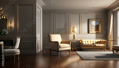 Living room interior of furnished apartment cozy couch sofa wooden flooring Generative AI