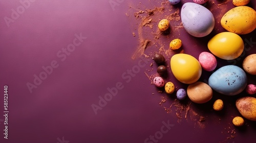 Easter holiday background with copy space. Top view Easter eggs  colorful wallpaper