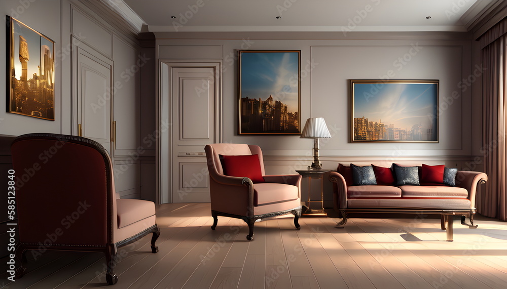 Fototapeta premium Living room interior of furnished apartment cozy couch sofa wooden flooring Generative AI