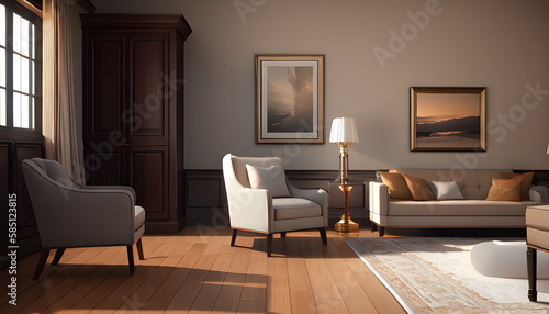 Modern interior design of scandinavian apartment, living room with sofa over the wall. Home interior Generative AI © GridsAndTiles