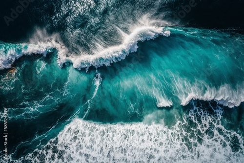 Aerial top view background of big ocean water white wave splashing in the sea to the shore, strength and power of nature, wave splashing rising up, generated ai