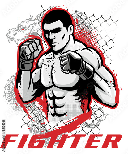 Foto Fighter Silhouette On The Background of the Grid From The Ring And The Dragon