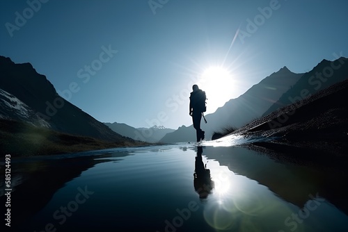 health and wellbeeing is represented by a man hiking in the afternoon with the sun photo