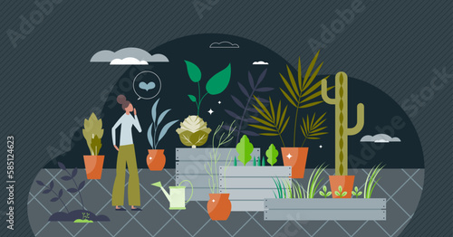 Container gardening as plant growth in raised wooden beds tiny person concept. Vegetable growing in wood boxes with planks as ecological lifestyle with personal garden vector illustration. Eco food.