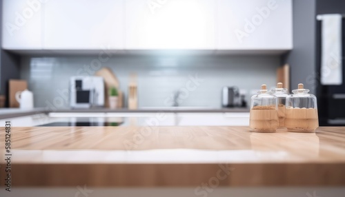 Empty top wooden kitchen counter with white kitchen in the background. Generative AI © Natee Meepian