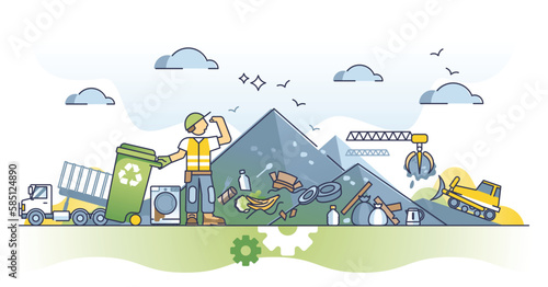 Waste reduction and disposable garbage material recycling outline concept. Sustainable and nature friendly plastic management vector illustration. Reuse awareness for ecological and clean lifestyle.