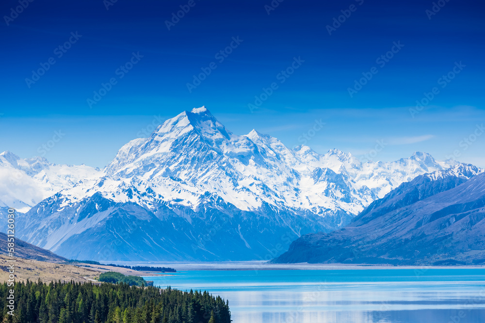 Mount Cook landscape reflection on Lake Pukaki, the highest mountain in New Zealand and popular travel destination