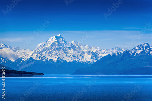 Mount Cook landscape reflection on Lake Pukaki, the highest mountain in New Zealand and popular travel destination