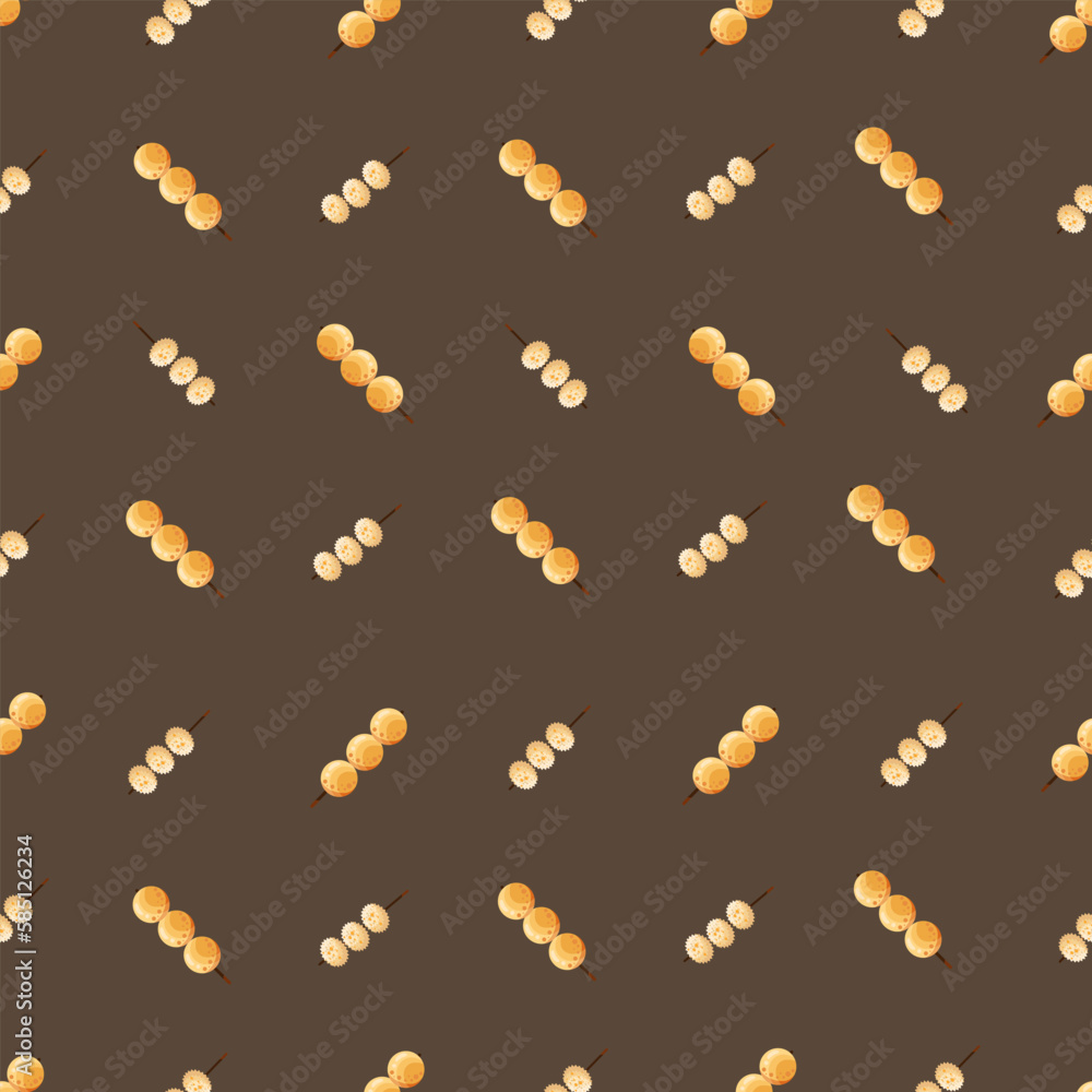 Fototapeta premium Chinese food seamless pattern. Hand drawn different types of asian food in wooden steamers repeating background. Tasty chinese food, delicious har gao, sticky rice, rolls.
