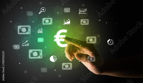 Fototapeta Naklejka Na Ścianę i Meble -  Businessman finger touching on screen multimedia interface with hand drawn currency icons