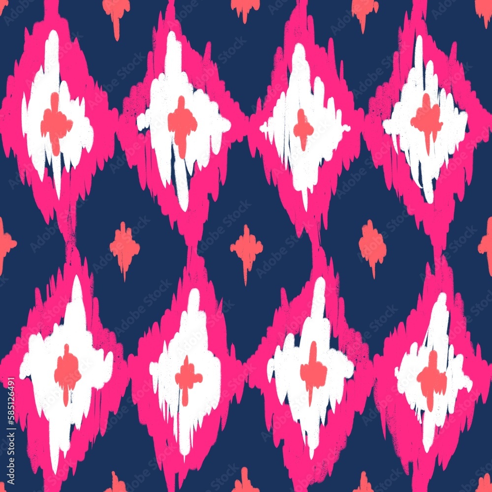Hand drawn seamless pattern with ikat ethnic traditional indonesian fabric print. Blue indigo pink abstract geometric stripes lines design mid century modern splash stroke vibrant print with rhombus Hand drawn seamless pattern with ikat ethnic traditional indonesian fabric print. Blue indigo pink abstract geometric stripes lines design mid century modern splash stroke vibrant print with rhombus