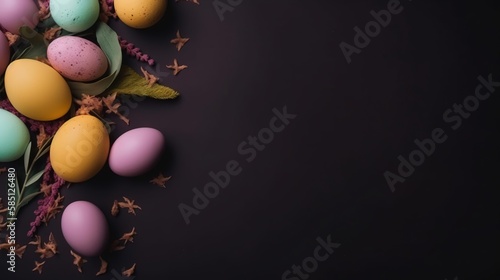 Easter holiday background with copy space. Top view Easter eggs, colorful wallpaper