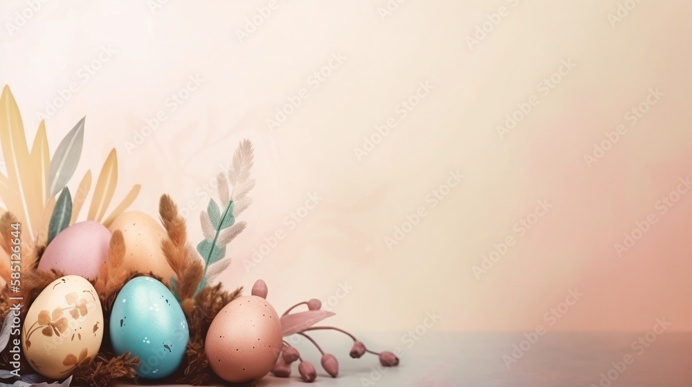 Easter holiday background with copy space. Top view Easter eggs, colorful wallpaper
