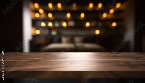 Dark wooden empty table for product display with blurrd living room background. Generative AI