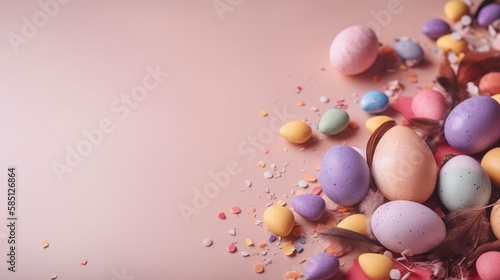 Easter holiday background with copy space. Top view Easter eggs  colorful wallpaper