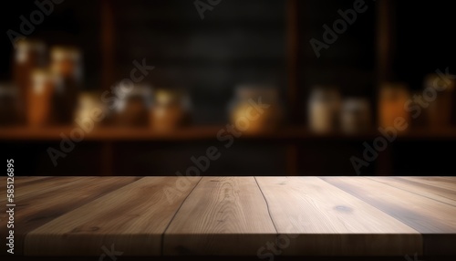 Empty wooden table with copy space against dark rustic living room background. Generative AI