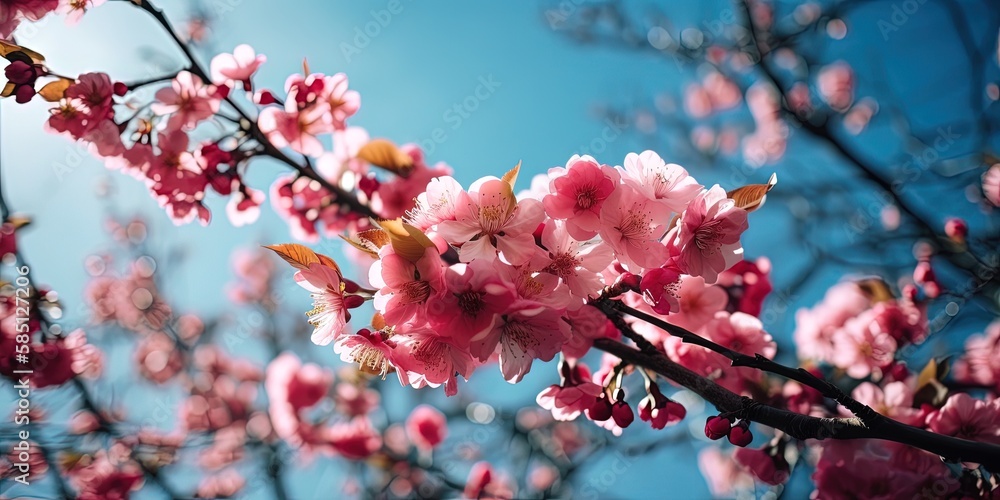 A sakura branch against the sky, Spring banner, branches of blossoming cherry against background of blue sky by ai generative A sakura branch against the sky, Spring banner, branches of blossoming cherry against background of blue sky by ai generative