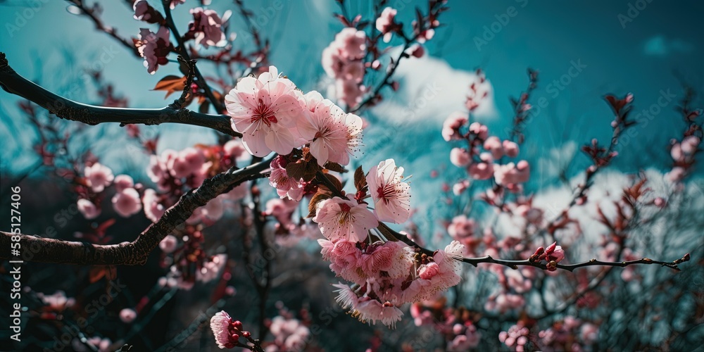 A sakura branch against the sky, Spring banner, branches of blossoming cherry against background of blue sky by ai generative A sakura branch against the sky, Spring banner, branches of blossoming cherry against background of blue sky by ai generative