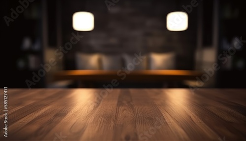 Empty table in dark trendy living room with blurred background. Generative AI