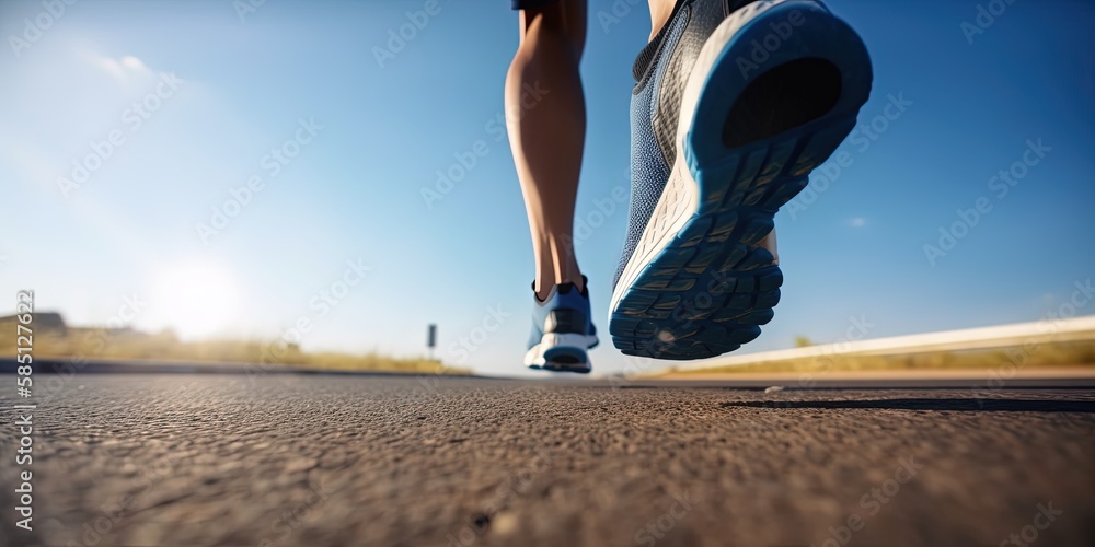 Close up at the runner feet is running street in blue sky in the city