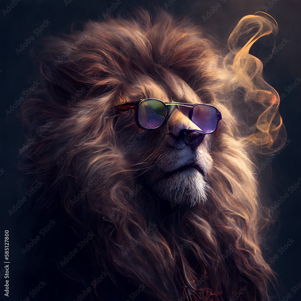 Head and shoulder portrait of fashionable lion with sunglasses