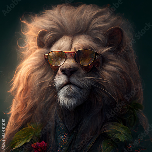 Head and shoulder portrait of fashionable lion with sunglasses and flowers