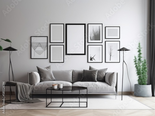 .Modern stylish interior living room with mock up frame. Generative AI. © Natee Meepian