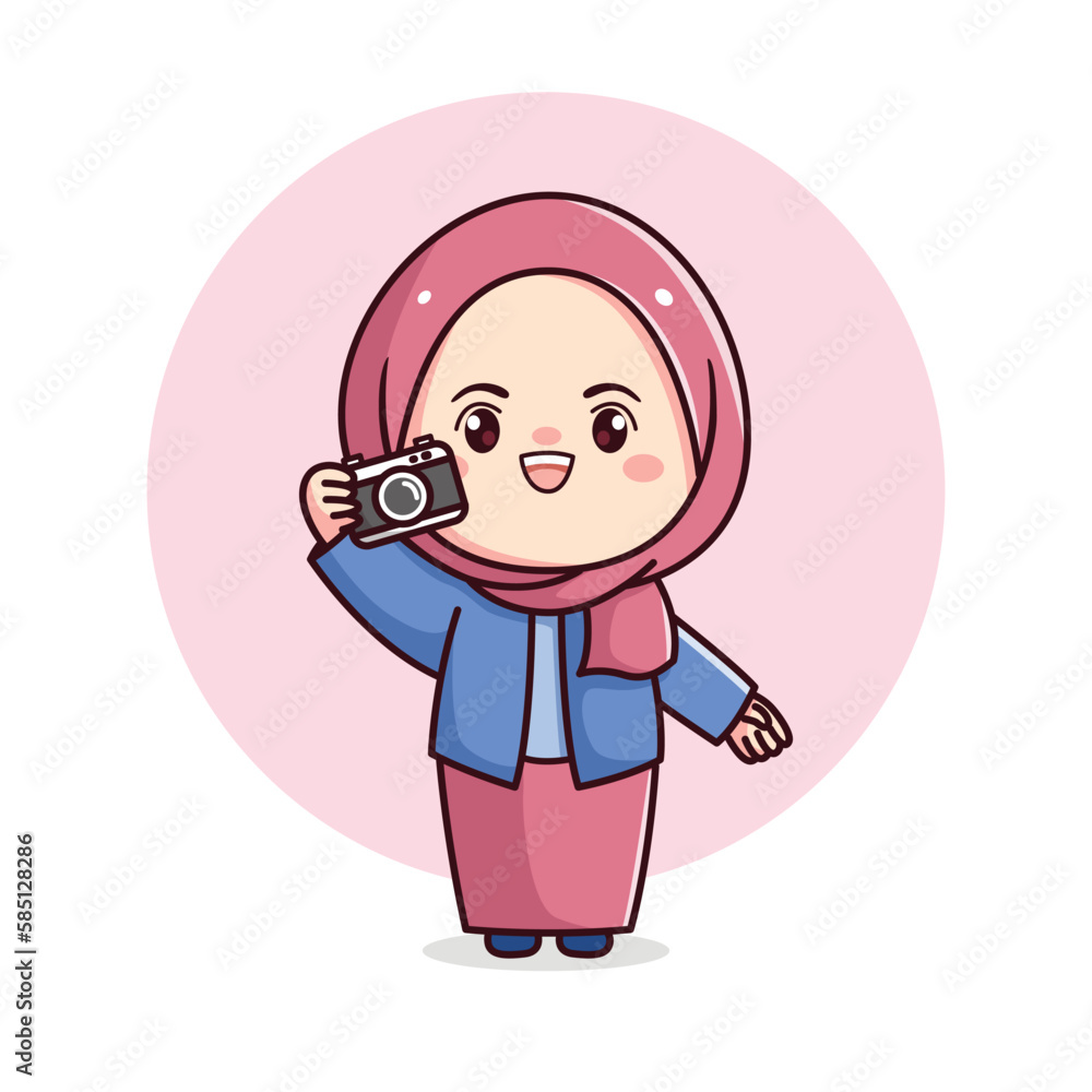 Cute hijab girl holding camera female photographer flat illustration character Cute hijab girl holding camera female photographer flat illustration character