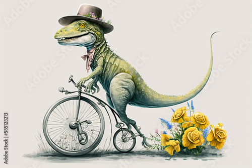 Cute funny Tyrannosaurus Rex dinosaur in a hat riding old-fashioned bicycle  AI generative clip art