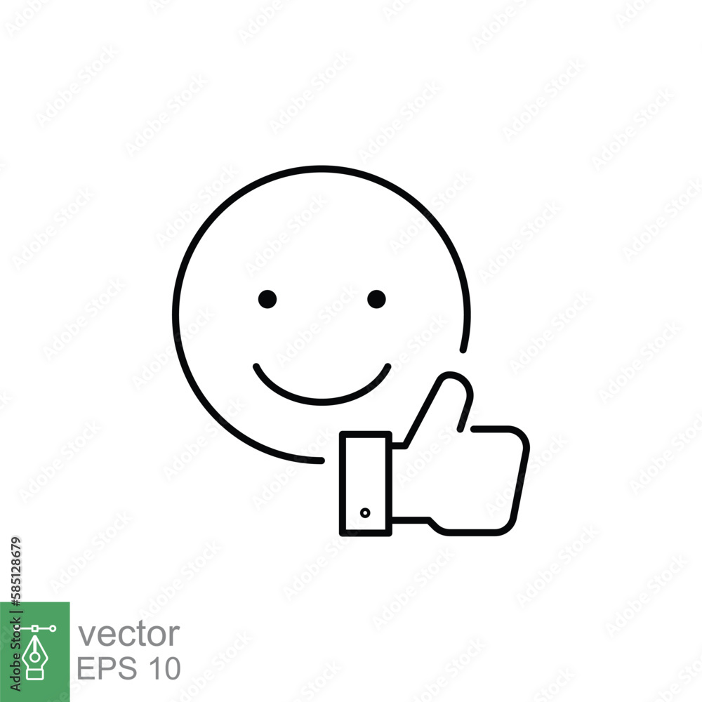 Smile face and hand thumb up line icon. Like, happy, favourite, love, and testimonials concept. Simple outline style. Vector illustration isolated on white background. EPS 10. Smile face and hand thumb up line icon. Like, happy, favourite, love, and testimonials concept. Simple outline style. Vector illustration isolated on white background. EPS 10.