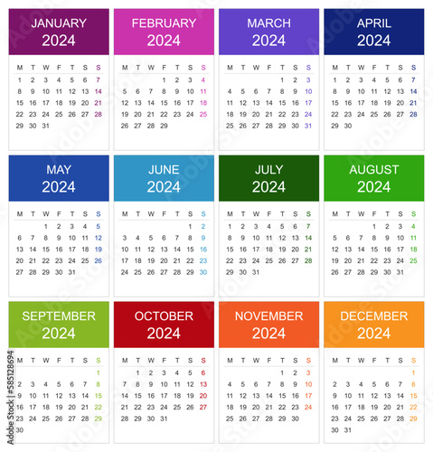 Modèle de calendrier 2024 pour agenda avec une page par mois - Textes en anglais vectorisés et non vectorisés sur calques séparés