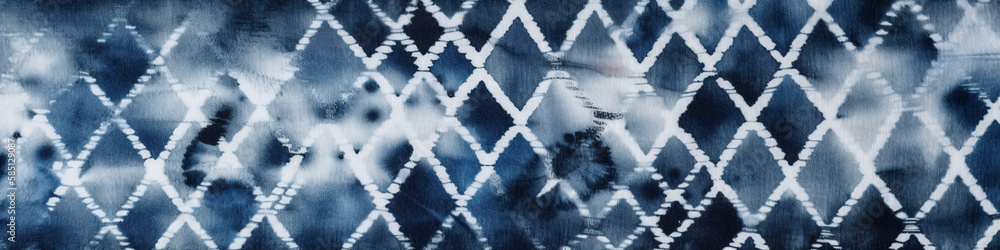 Kanoko shibori, Japanese indigo, blue tie dye on off white textile, panoramic banner composition, AI generative panorama design element