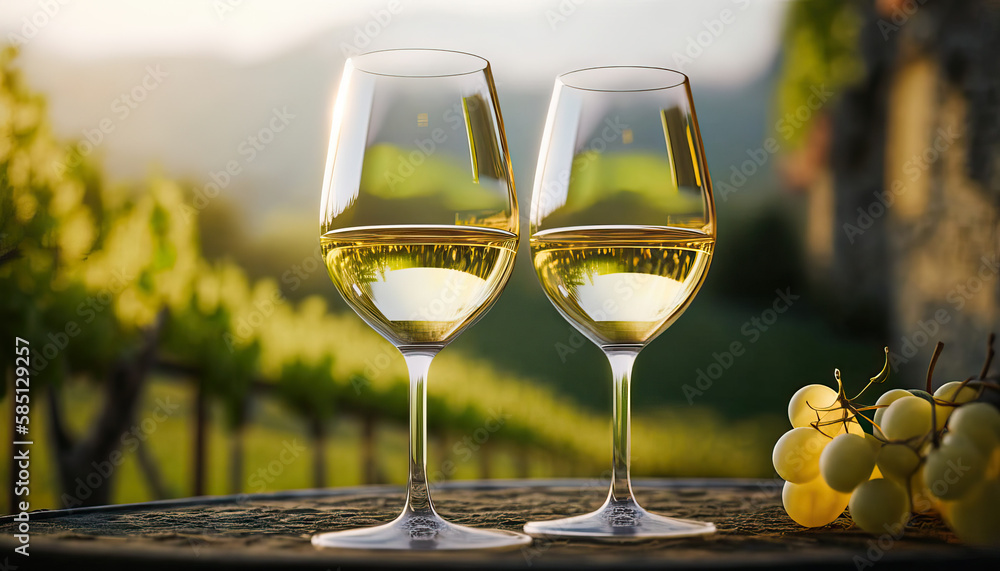 a glass of white wine in the background of the vineyard in the rays of the setting sun. generative AI