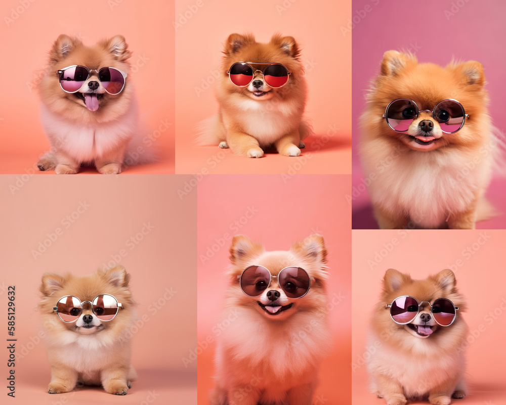 Collage of funny pomeranian spitz puppies in trendy pink sunglasses, concept illustraion, generative AI