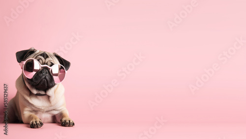 Cute puppy pug in trendy pink sunglasses, isolated on light pink background with copyspace. Generative AI