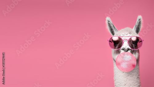 Cute lama alpaca with bubblegum in trendy pink sunglasses, isolated on pink background with copyspace. Generative AI photo
