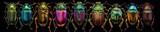 Panoramic banner, divider with various beatles, bronze beetles, every size and color, vivid colors, AI generative illustration on black background