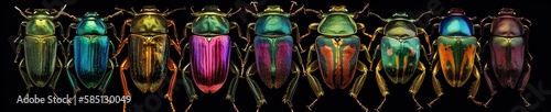 Panoramic banner, divider with various beatles, bronze beetles, every size and color, vivid colors, AI generative illustration on black background