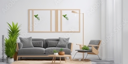 living room with brown poster frame. Illustration  square wooden frame mockup with sofa and green plants on white wall in living room by  ai generative