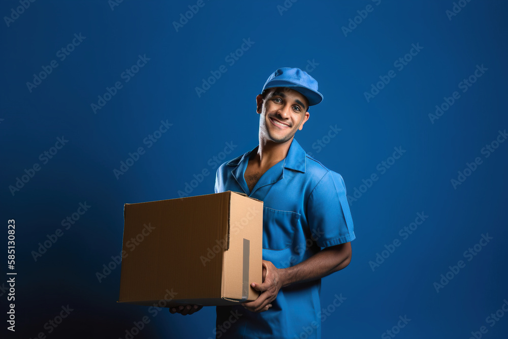 Delivery service male worker, turkish man in uniform with cardboard box in hands on blue background, AI generative Delivery service male worker, turkish man in uniform with cardboard box in hands on blue background, AI generative
