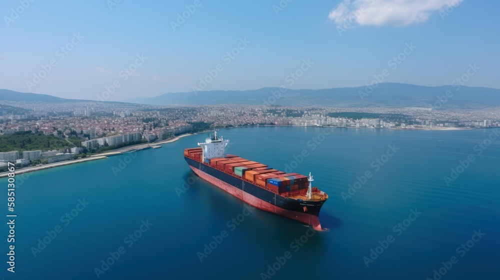 Obraz premium View of a cargo ship carrying a container for importing export goods to a client, conceptual logistics and supply chain. generative AI