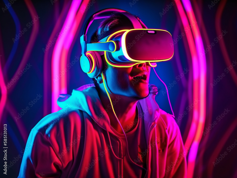 Asian man wearing VR headset and experiencing virtual reality, metaverse and fantasy world. Asian man wearing VR headset and experiencing virtual reality, metaverse and fantasy world.