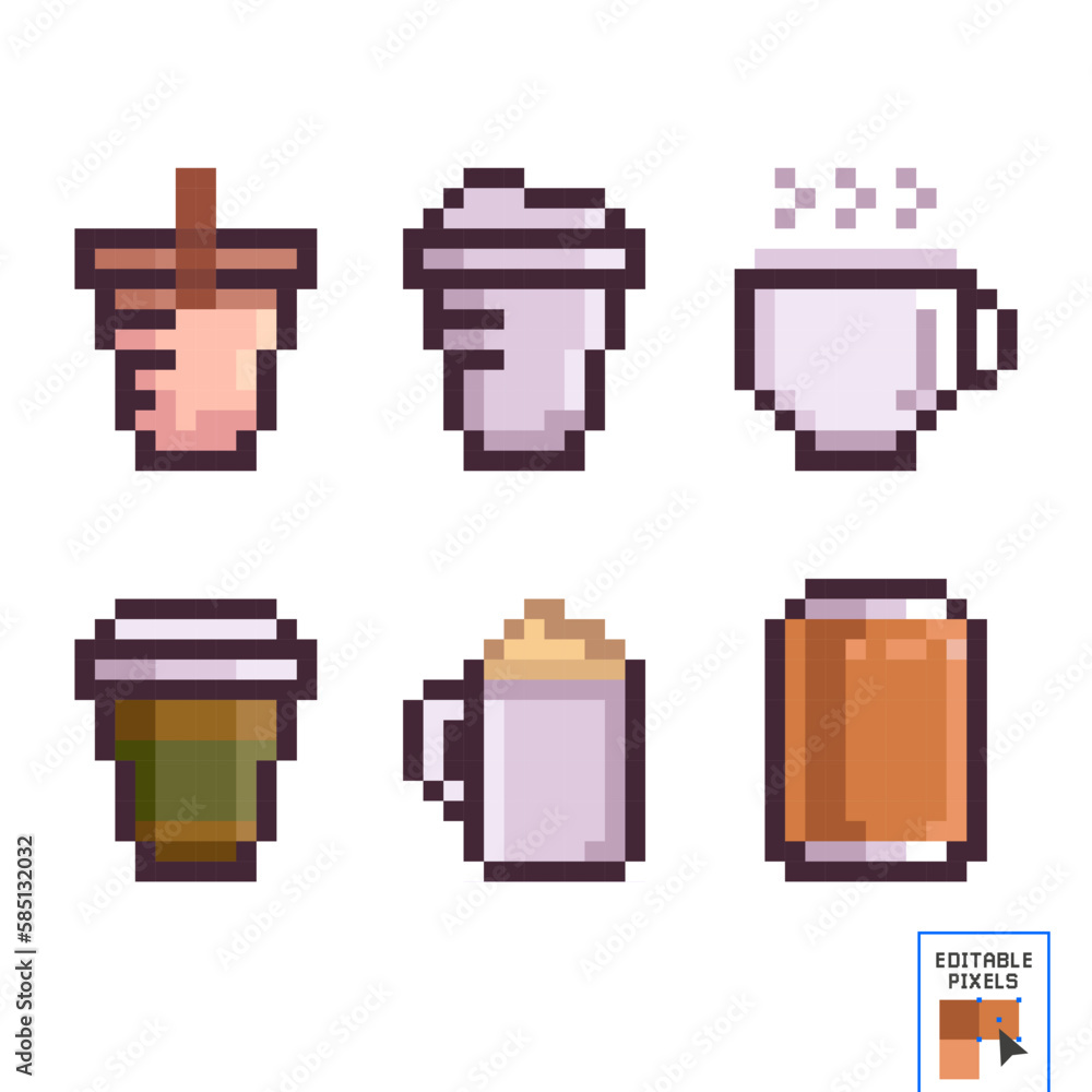 Mug of tea whith teapot and paper cup for coffee and a glass for juice or alcoholic beverages pixel art icons set isolated vector illustration. Element design stickers, logo, mobile app, menu. 8-bit. Mug of tea whith teapot and paper cup for coffee and a glass for juice or alcoholic beverages pixel art icons set isolated vector illustration. Element design stickers, logo, mobile app, menu. 8-bit.