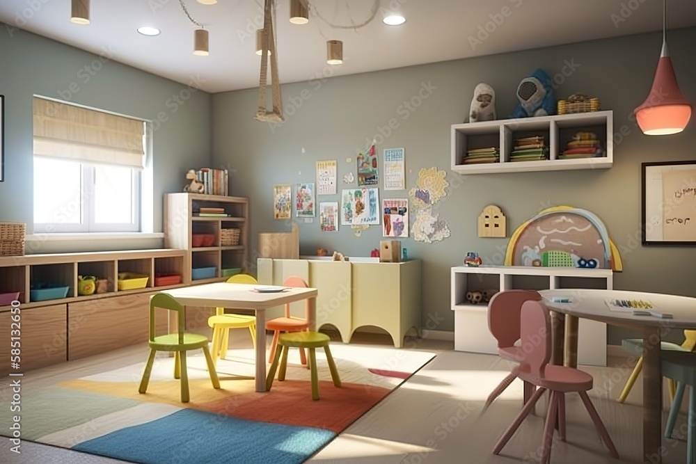 Kids' Playroom: Create a set of images that showcase a bright, playful kids' playroom. Generative AI