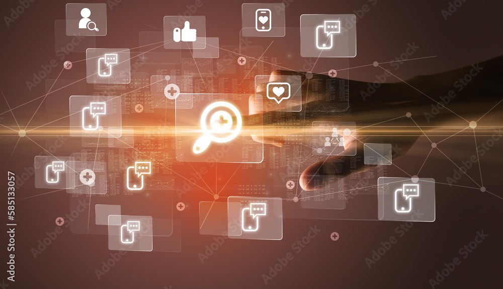 Hand pressing social media multimedia application screen with media icons on futuristic concept Hand pressing social media multimedia application screen with media icons on futuristic concept