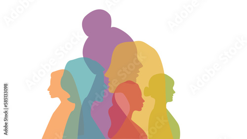 Silhouette group of women. Communication and friendship between women or girls of diverse cultures, vector